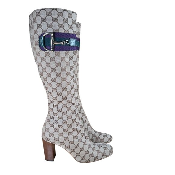Gucci Knee High Monogram Beige GG Canvas Horsebit Tall Boots Size 9.5B - Picture 1 of 11